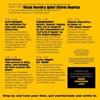 Event announcement. *Black Revelry Quiet Storm* radio marathon and book launch. *Black Revelry: In Honor of 'The Sugar Shack'*, edited by Carter with contributions from Taylor Renée Aldridge; Samiya Bashir; La Marr Jurelle Bruce; Derrais Carter; DJ Lynnée Denise, William H. Mosley, III, Zoé Samudzi, S*an D. Henry-Smith, Melanie Stevens and Phillip B. Williams. Design by Karoline Świeżyński.