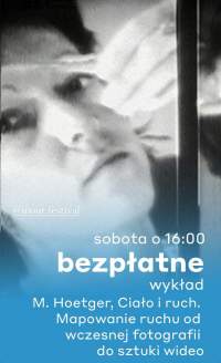 Black and white photograph of Joan Jonas' face. At the bottom, the photograph is covered with a area in blue. The event details, in Polish, appear in white on top of blue.