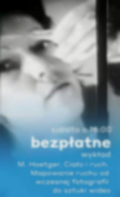 Black and white photograph of Joan Jonas' face. At the bottom, the photograph is covered with a area in blue. The event details, in Polish, appear in white on top of blue.