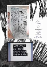 Scan of materials sent by Sands to Aimar in September 2020. The background shows a fringed scarf from Aimar signaling the potentiality of loose ends. Pictured top: Sands Murray-Wassink, *Horse Painting* on fabric, 2018; pictured bottom: Sands Murray-Wassink, *I am even better than you think I am*, c. 2010. Postcard to be handed out based on Adrian Piper, *Calling Card #1 and #2* (1986-1990).