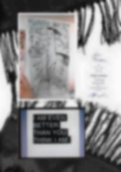 Scan of materials sent by Sands to Aimar in September 2020. The background shows a fringed scarf from Aimar signaling the potentiality of loose ends. Pictured top: Sands Murray-Wassink, *Horse Painting* on fabric, 2018; pictured bottom: Sands Murray-Wassink, *I am even better than you think I am*, c. 2010. Postcard to be handed out based on Adrian Piper, *Calling Card #1 and #2* (1986-1990).