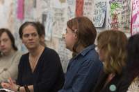 Left to right: Vivian van Saaze, Sands Murray-Wassink, Radna Rumping. Sands Murray-Wassink with Megan Hoetger, Radna Rumping, and Vivian van Saaze, *Gift Science Archive Process Event #1: VALUE. What is trash? What is trashy but valuable?*, Rijksakademie van beeldende kunsten, March 2020. Photo: Silvia Ulloa Márquez, courtesy of If I Can't Dance, Amsterdam.