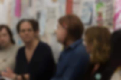 Left to right: Vivian van Saaze, Sands Murray-Wassink, Radna Rumping. Sands Murray-Wassink with Megan Hoetger, Radna Rumping, and Vivian van Saaze, *Gift Science Archive Process Event #1: VALUE. What is trash? What is trashy but valuable?*, Rijksakademie van beeldende kunsten, March 2020. Photo: Silvia Ulloa Márquez, courtesy of If I Can't Dance, Amsterdam.