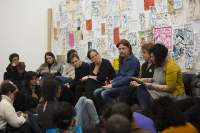 Left to right: Vivian van Saaze, Sands Murray-Wassink, Radna Rumping, Megan Hoetger. Sands Murray-Wassink with Megan Hoetger, Radna Rumping, and Vivian van Saaze, *Gift Science Archive Process Event #1: VALUE. What is trash? What is trashy but valuable?*, Rijksakademie van beeldende kunsten, March 2020. Photo: Silvia Ulloa Márquez, courtesy of If I Can't Dance, Amsterdam.