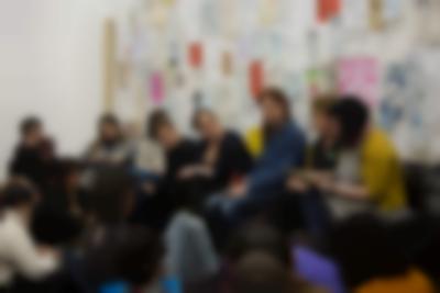 Left to right: Vivian van Saaze, Sands Murray-Wassink, Radna Rumping, Megan Hoetger. Sands Murray-Wassink with Megan Hoetger, Radna Rumping, and Vivian van Saaze, *Gift Science Archive Process Event #1: VALUE. What is trash? What is trashy but valuable?*, Rijksakademie van beeldende kunsten, March 2020. Photo: Silvia Ulloa Márquez, courtesy of If I Can't Dance, Amsterdam.