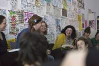 Left to right: Vivian van Saaze, Sands Murray-Wassink, Radna Rumping, Megan Hoetger. Sands Murray-Wassink with Megan Hoetger, Radna Rumping, and Vivian van Saaze, *Gift Science Archive Process Event #1: VALUE. What is trash? What is trashy but valuable?*, Rijksakademie van beeldende kunsten, March 2020. Photo: Silvia Ulloa Márquez, courtesy of If I Can't Dance, Amsterdam.