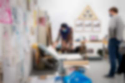 Performance documentation. Sands Murray-Wassink with Megan Hoetger and Radna Rumping, *Backstage with Gift Science Archive*, Rijksakademie Open Studios, Amsterdam, June 2021. Photo: Sander van Wettum, courtesy of the Rijksakademie van beeldende kunsten, Amsterdam.