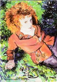 Illustration of red-headed person leaning back on elbows in grass. They are wearing a orange jacket.