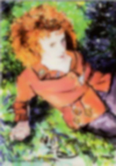 Illustration of red-headed person leaning back on elbows in grass. They are wearing a orange jacket.