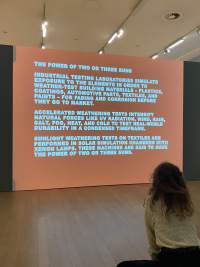 Student watches projection in the exhibition *Bad Color Combos* by Yto Barrada. Stedelijk Museum, Amsterdam, 2022.