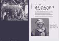 Blue tinted book spread. On the left page, a photograph shows a group of people sitting cross-legged. Across from them, someone holds a boom mic to the middle of the space. Everyone but the mic operator is wearing a turban. On the right page, there's the first page of an article on Mertoutek, accompanied with the photograph of a masculine-presenting person wearing a turban.