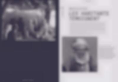 Blue tinted book spread. On the left page, a photograph shows a group of people sitting cross-legged. Across from them, someone holds a boom mic to the middle of the space. Everyone but the mic operator is wearing a turban. On the right page, there's the first page of an article on Mertoutek, accompanied with the photograph of a masculine-presenting person wearing a turban.