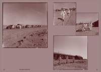 Pink tinted book spread, with four photographs. The photographs show a team of people dressed in full coverage white suits arriving at a base consisting of several low buildings.