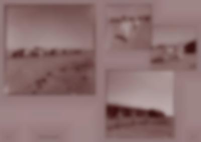 Pink tinted book spread, with four photographs. The photographs show a team of people dressed in full coverage white suits arriving at a base consisting of several low buildings.