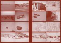 Red tinted book spread, with eight photographs on each page. The photographs show a small building, a wire fence and small objects in a desert area.