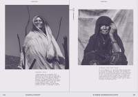 Blue tinted book spread, with two photographs, one on each page, and a description for each of them. The photographs show two different feminine-presenting people in traditional dress.