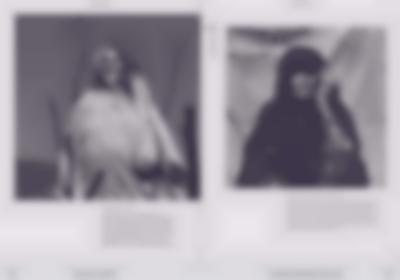 Blue tinted book spread, with two photographs, one on each page, and a description for each of them. The photographs show two different feminine-presenting people in traditional dress.