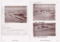 Book spread, with two scanned pages with three photographs. They are aerial photographs of one or several desert bases, consisting of several buildings of different sizes.