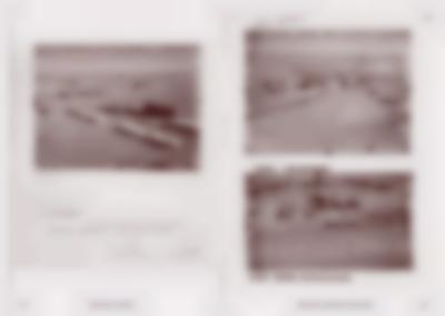 Book spread, with two scanned pages with three photographs. They are aerial photographs of one or several desert bases, consisting of several buildings of different sizes.