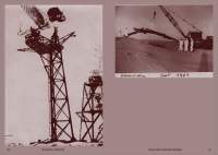 Pink tinted book spread, with three photographs. The photographs show cranes. On the right, the crane is lifting materials. Under the photograph, 