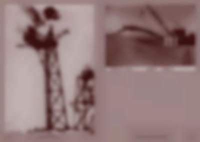 Pink tinted book spread, with three photographs. The photographs show cranes. On the right, the crane is lifting materials. Under the photograph, 