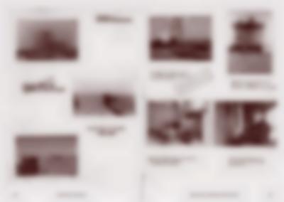 Book spread, with two scanned pages with seven photographs. The photographs show different buildings and some structures under construction. The word 