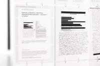 Installation consisting of several A4 sheets attached to each other with metal rings. In this section, there is a document with redacted information and some handwritten notes below. The title reads 