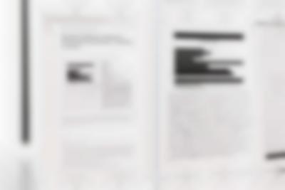 Installation consisting of several A4 sheets attached to each other with metal rings. In this section, there is a document with redacted information and some handwritten notes below. The title reads 