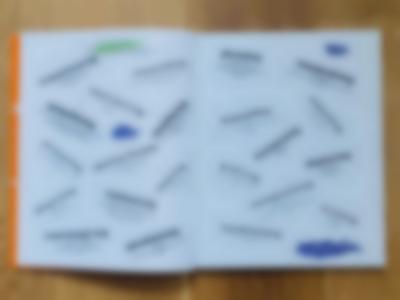 A book lies open. Across the two pages, several words in different positions and rotations have been written in black. Extra text, in a smaller font, appears underneath each word. These are words like: 