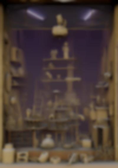 Art installation, consisting of a shop window where several clay-toned objects have been put on display.