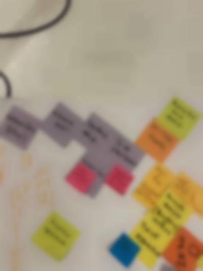 Detail of an arrangement of colourful sticky notes, stuck to a large white sheet of paper that is laid on the floor. On the left, there are some handwritten notes in orange. The legible sticky notes read: 