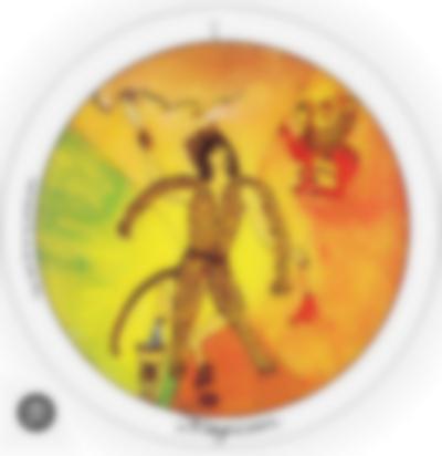 Round tarot card. On its outer edge, a 