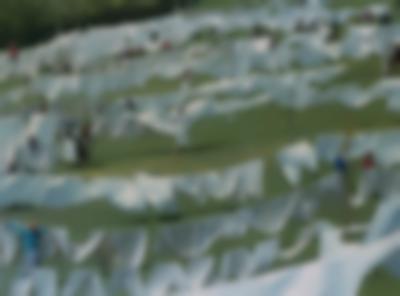 Lawn with several clotheslines, where white fabric and clothes have been hung. There are several feminine-presenting people taking care of this laundry.