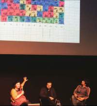 Left to right: Megan Hoetger, Patrick Harrison, Tomonari Nishikawa. Post-screening discussion documentation. *Underground International: Kurt Kren and Tomonari Nishikawa*, curated by Patrick Harrison and Megan Hoetger. Berkeley Art Museum & Pacific Film Archive, California, November 2018.
