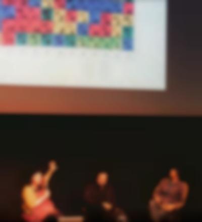 Left to right: Megan Hoetger, Patrick Harrison, Tomonari Nishikawa. Post-screening discussion documentation. *Underground International: Kurt Kren and Tomonari Nishikawa*, curated by Patrick Harrison and Megan Hoetger. Berkeley Art Museum & Pacific Film Archive, California, November 2018.