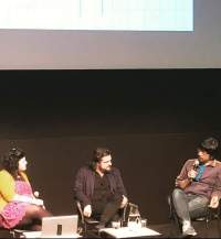 Left to right: Megan Hoetger, Patrick Harrison, Tomonari Nishikawa. Post-screening discussion documentation. *Underground International: Kurt Kren and Tomonari Nishikawa*, curated by Patrick Harrison and Megan Hoetger. Berkeley Art Museum & Pacific Film Archive, California, November 2018.