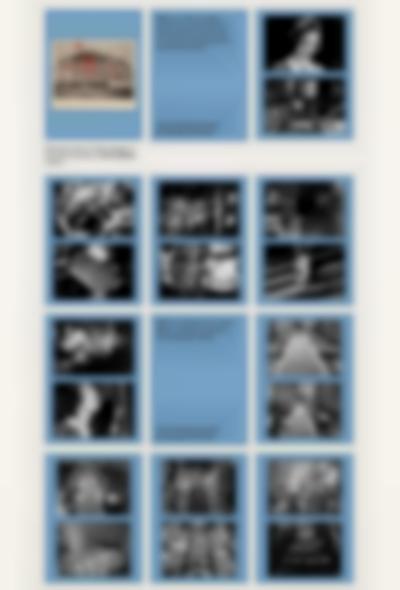 Website section showing eighteen photographs, mostly in black-and-white, inside blue blocks.