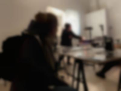 Post-screening discussion. *Cinema for Houseboats* public program film night (October 2021). Zone Collective (Kirila Cvetkovska and Megan Hoetger), *Shadow Zones: Experimental Cinema History in Yugoslavia; or, a Cinema and a History Made and Unmade by Maps*, When Site Lost the Plot, Amsterdam, July - October 2021. Photo: Aram Lee, courtesy of When Site Lost the Plot.