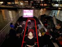 *Cinema for Houseboats I: Vlado Kristl* public program (October 2021). Zone Collective (Kirila Cvetkovska and Megan Hoetger), *Shadow Zones: Experimental Cinema History in Yugoslavia; or, a Cinema and a History Made and Unmade by Maps*, When Site Lost the Plot, Amsterdam, July - October 2021. Photo: Aram Lee, courtesy of When Site Lost the Plot.