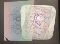 Three images have been overlaid. At the back, a diagram has its blocks empty. At the front, two images with notes in blue and red have been superimposed.