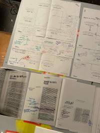 Several sheets of handwritten notes and printouts with notes have been laid on a table.