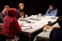 Julia Croft (left) and Yeukayishe Musariri (right). Workshop documentation. Zone Collective (Kirila Cvetkovska and Megan Hoetger), *Zoning Play Complex* character workshop, 5 November 2022. Realized within the frame of *The Hauntologists*, an exhibition and public program curated by Julia Morandeira as part of the 2021–22 Fellowship in Situated Practice at BAK — basis voor actuele kunst, Utrecht, Netherlands. Photo: Tom Janssen, courtesy of BAK.