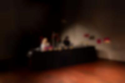 Kirila Cvetkovska (left) and Megan Hoetger (right). Workshop documentation. Zone Collective (Kirila Cvetkovska and Megan Hoetger), *Zoning Play Complex* character workshop, 5 November 2022. Realized within the frame of *The Hauntologists*, an exhibition and public program curated by Julia Morandeira as part of the 2021–22 Fellowship in Situated Practice at BAK — basis voor actuele kunst, Utrecht, Netherlands. Photo: Tom Janssen, courtesy of BAK.